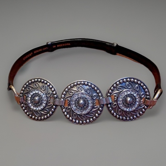 VINTAGE Stone Disc Filigree Black Leather Belt - Picture 1 of 11